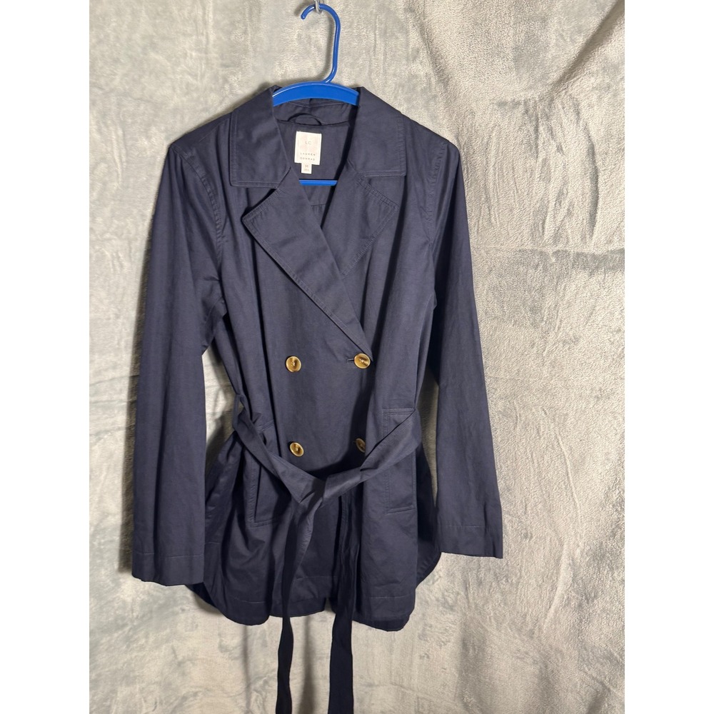 LC Lauren Conrad Navy Blue Shirttail-Hem Trench Coat Womens Medium Belted Jacket